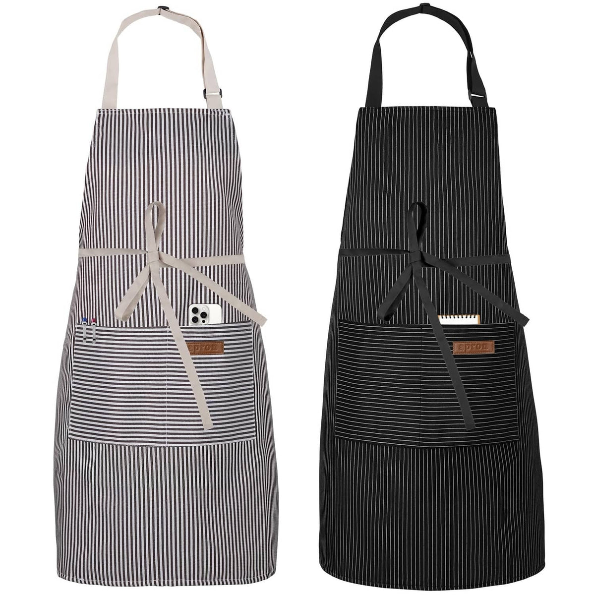 2-pack pinstripe kitchen aprons with neck straps, black and brown stripes