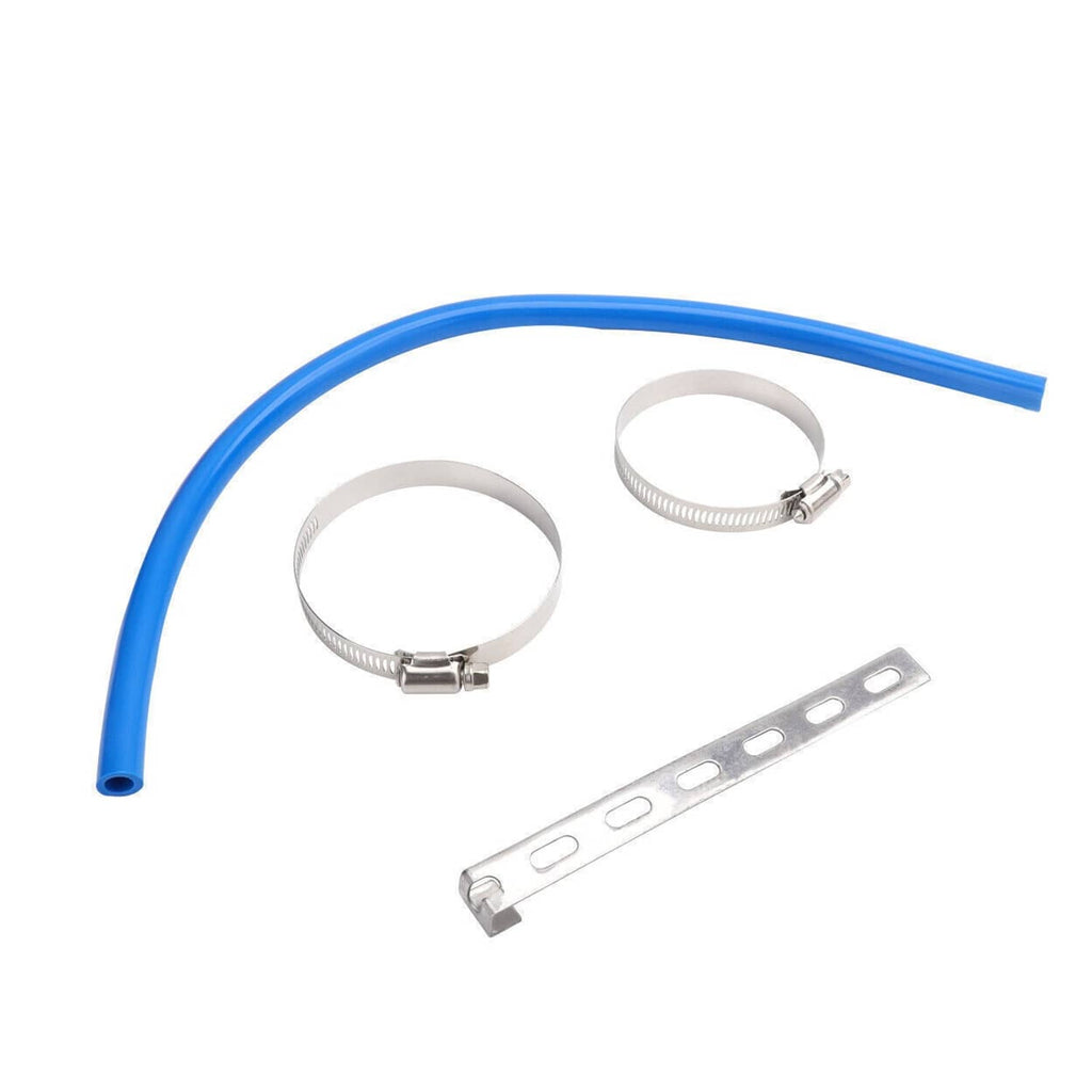 Blue silicone intake hose with stainless clamps and mounting bracket plate