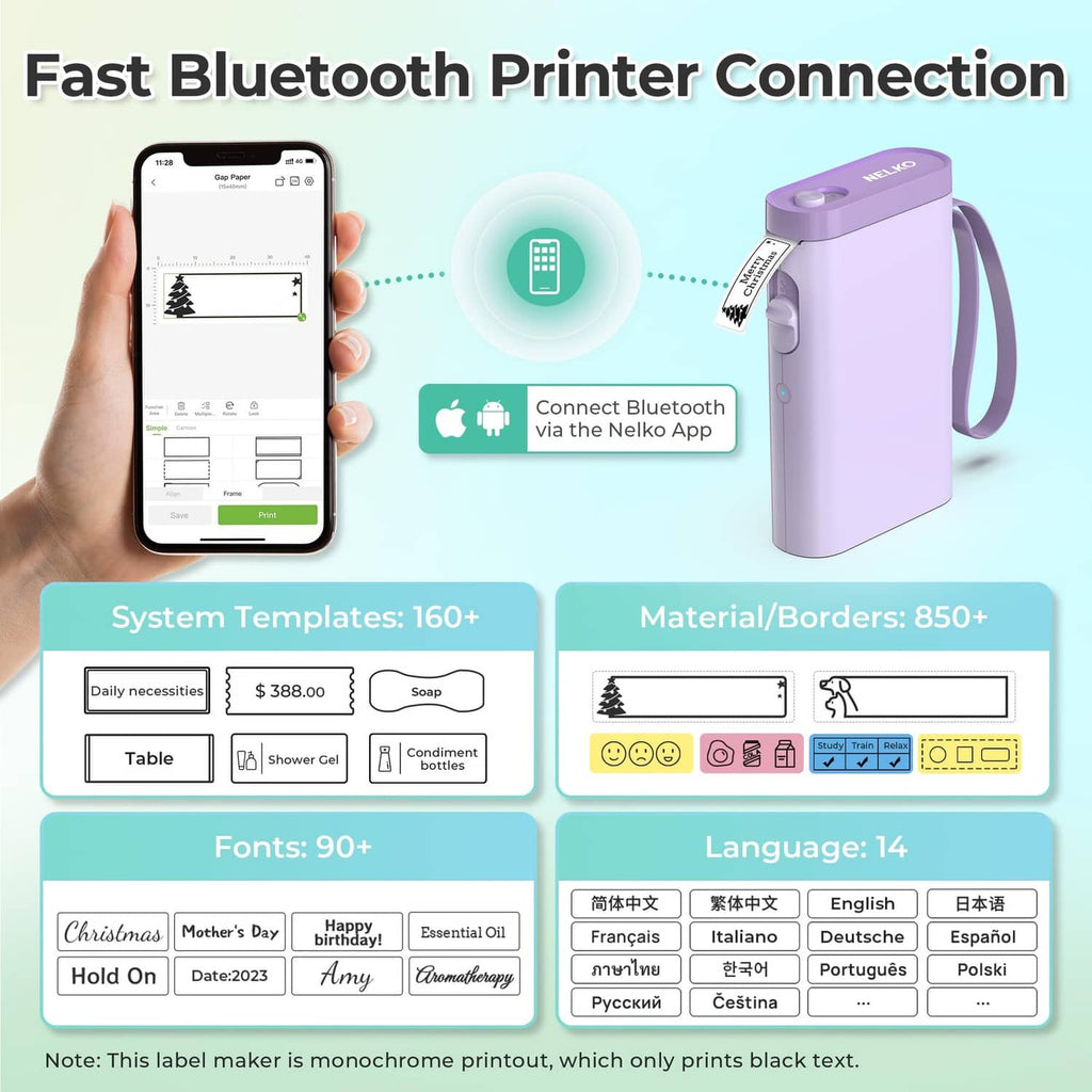 Purple label maker beside smartphone showing Bluetooth label templates via Nelko app