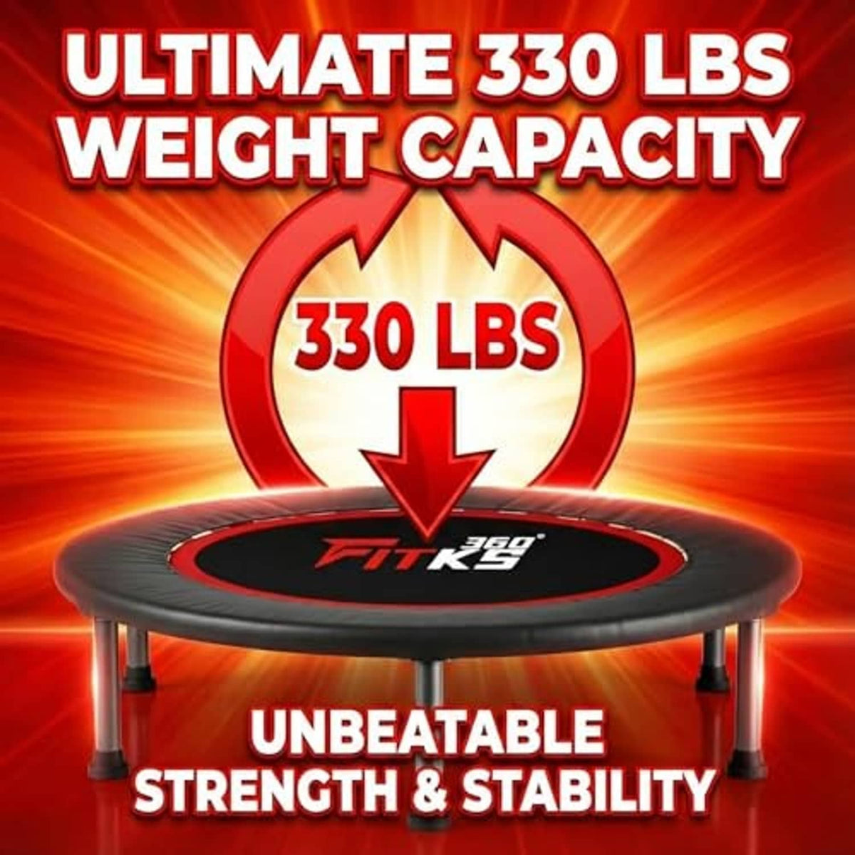 Black trampoline with red rim and FITKS logo, marked for high weight capacity