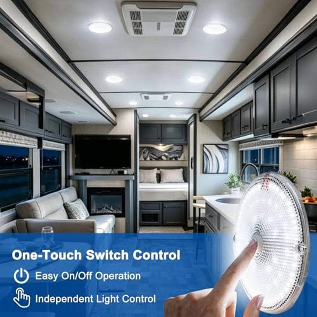 Round LED ceiling dome light with white diffuser shown in an RV ceiling area