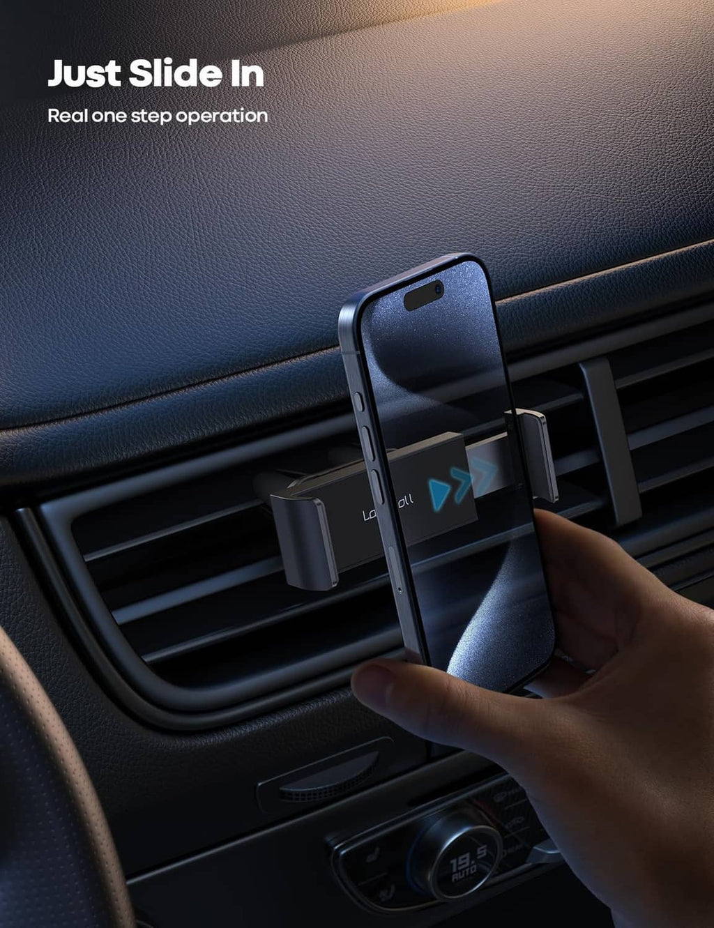 Black air-vent phone mount clamped to a car vent with a phone held in place