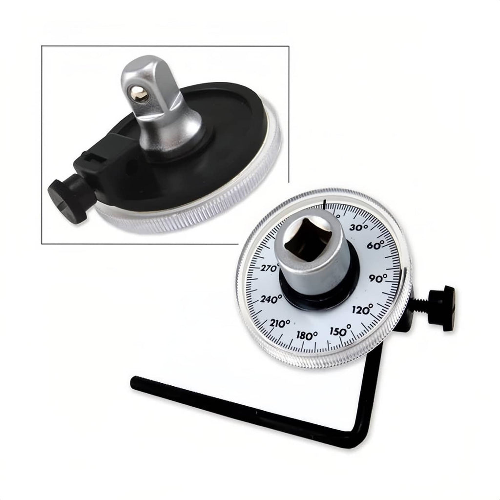 Torque angle gauge with ratchet-style drive and degree scale dial, plus L handle