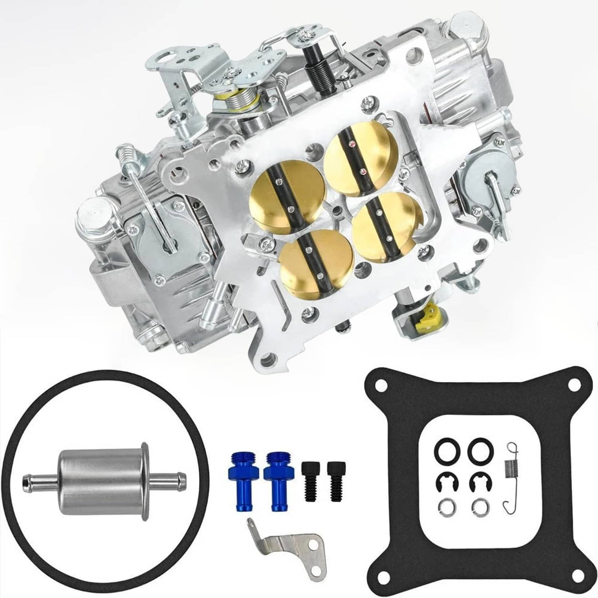 4-barrel carburetor assembly with gold air passages, plus gasket and mounting hardware