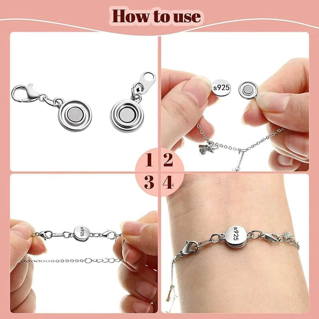 Silver magnetic necklace clasp shown on chain link with round 925 disc