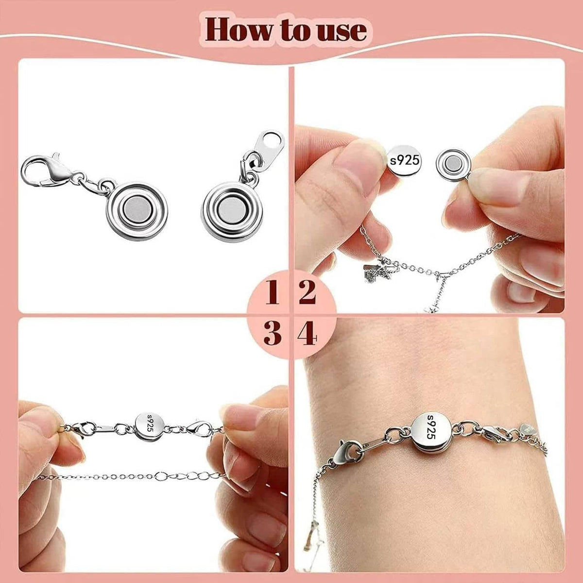 Silver magnetic necklace clasp shown on chain link with round 925 disc