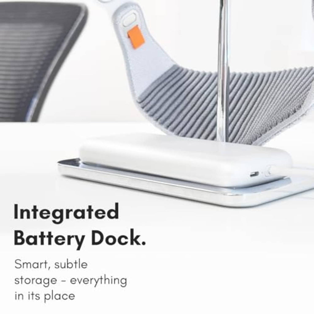 Silver stand with integrated battery dock on the base platform
