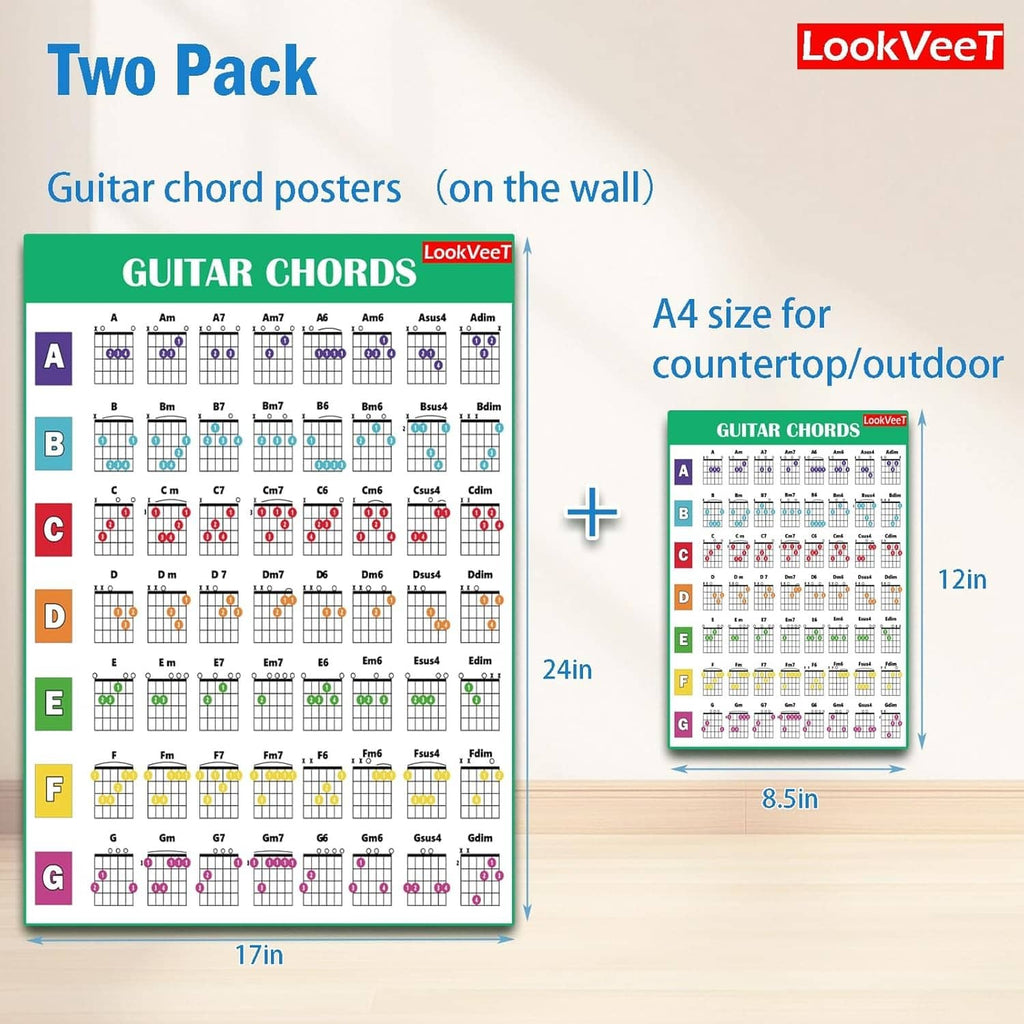 Two-pack guitar chord poster set with A–G chord diagrams, shown with A4 sizing
