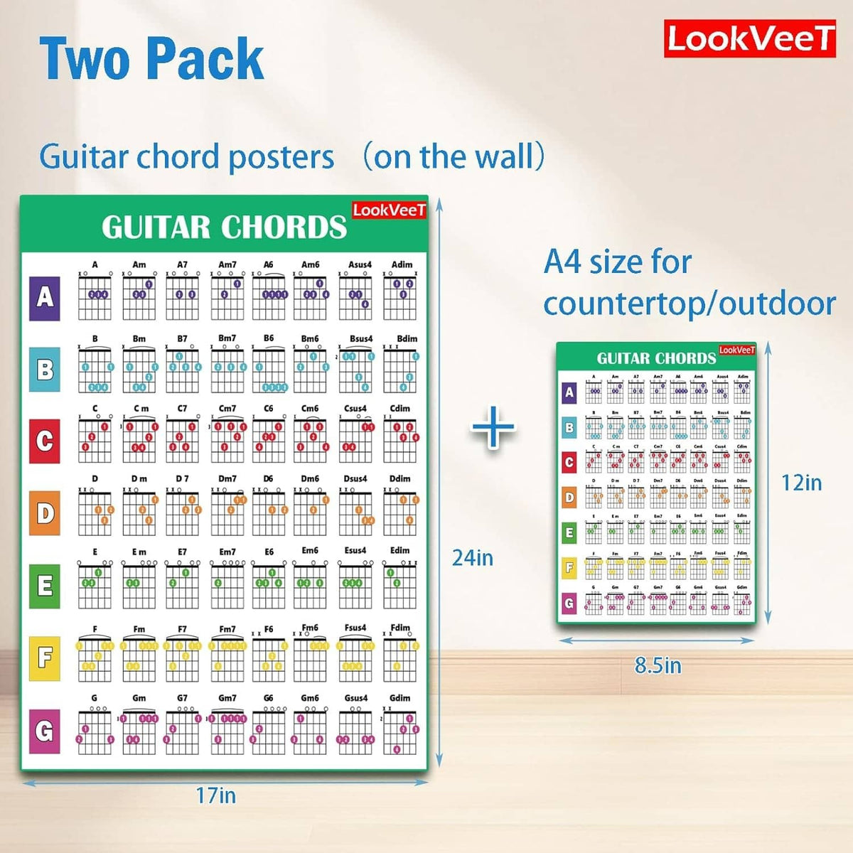 Two-pack guitar chord poster set with A–G chord diagrams, shown with A4 sizing