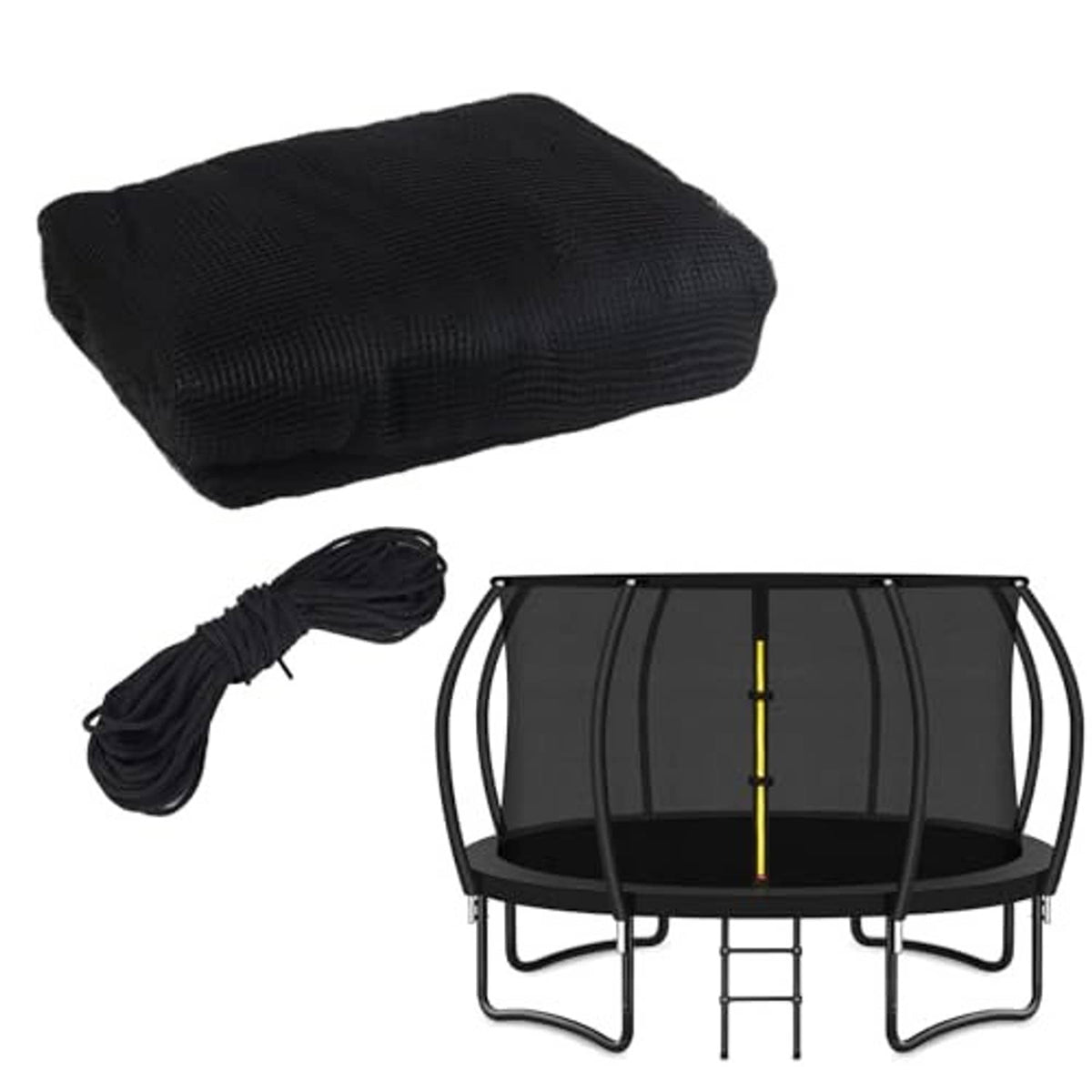 Black trampoline enclosure top net set with bundled ropes and curved-pole net frame