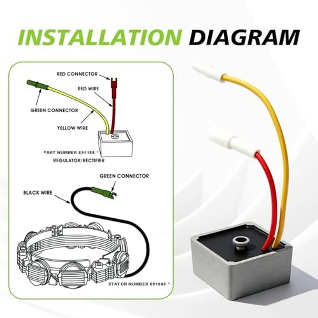 Voltage regulator module with red and yellow wire leads and white connectors on grey base
