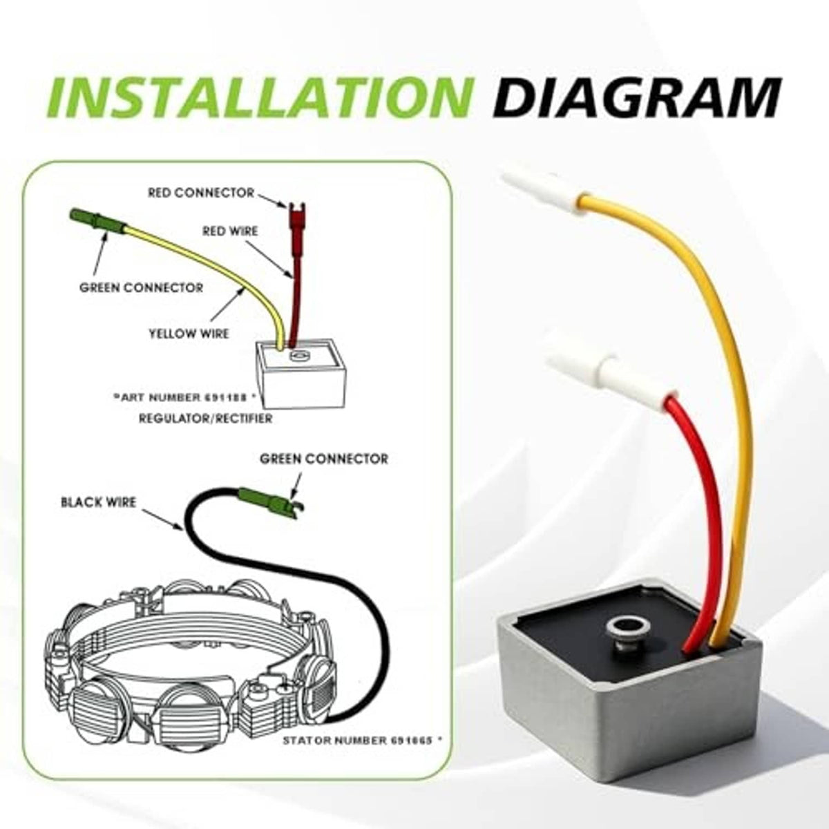 Voltage regulator module with red and yellow wire leads and white connectors on grey base