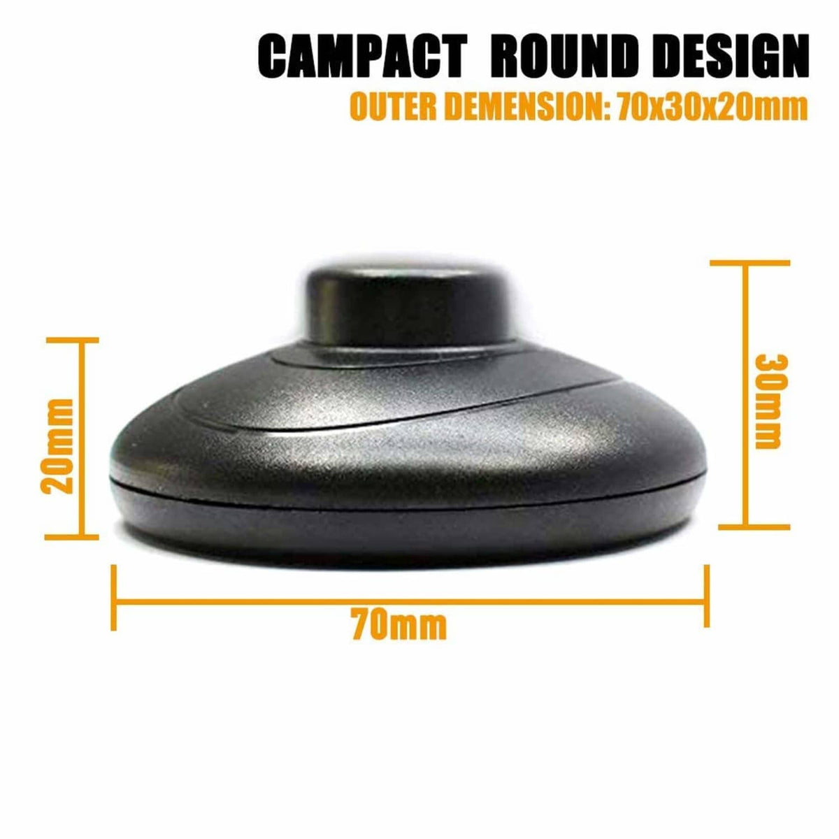 Black compact round foot pedal lamp switch with central button, showing size for fit.