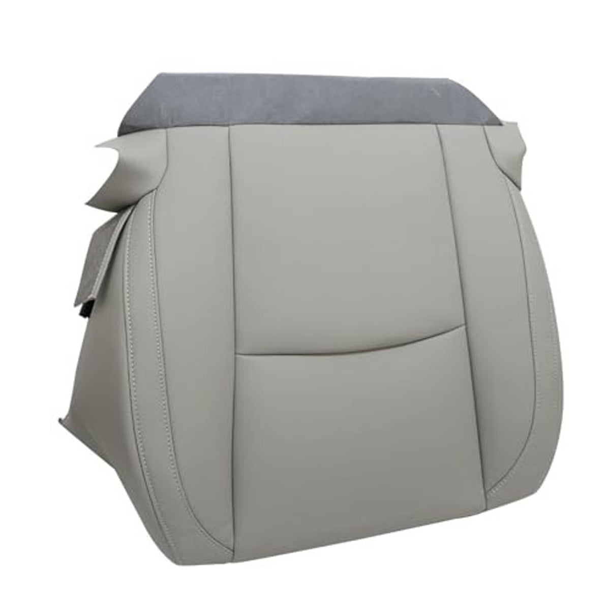 Gray leather seat cover with stitched borders and central cushion panel, angled view