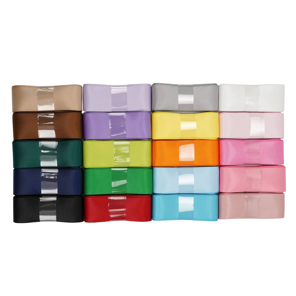 Assorted double-faced satin ribbon strips, 1-inch wide, neatly folded in rows