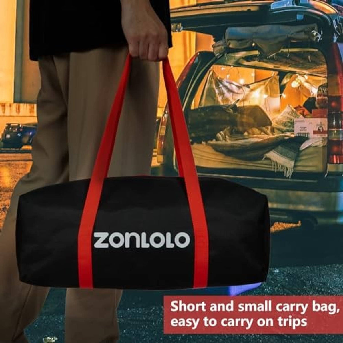 ZONLOLO carry bag for portable baseball net, black with red straps and logo patch.