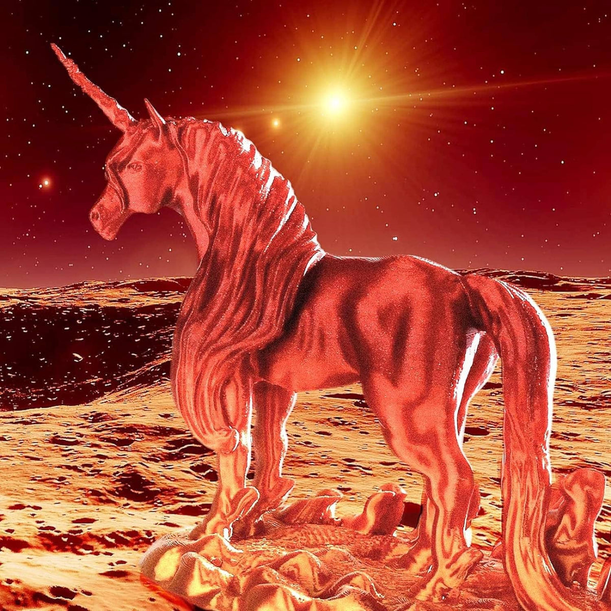 Silk PLA gradient unicorn figure with shiny red and orange metallic finish