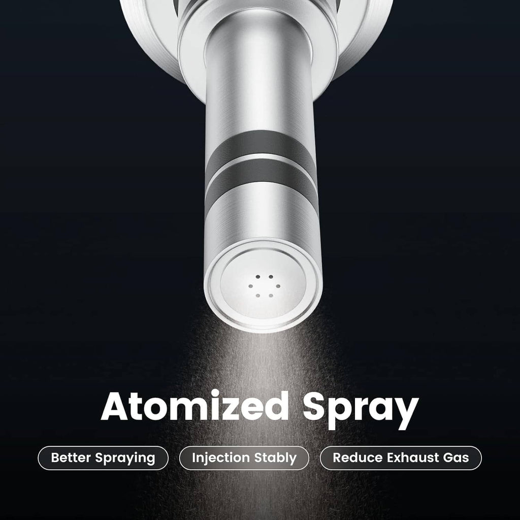 Fuel injector nozzle outlet producing an atomized spray from a silver tip