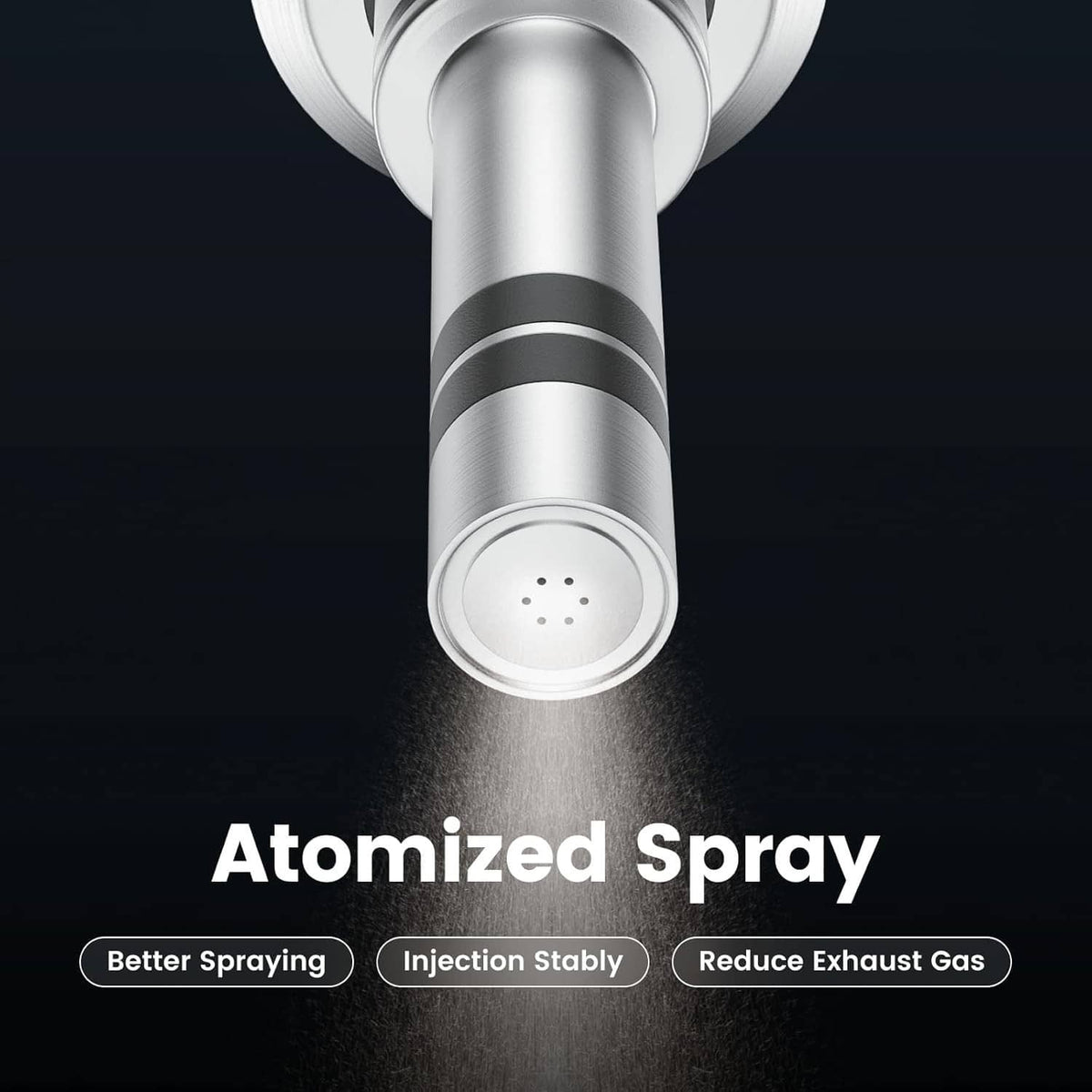 Fuel injector nozzle outlet producing an atomized spray from a silver tip