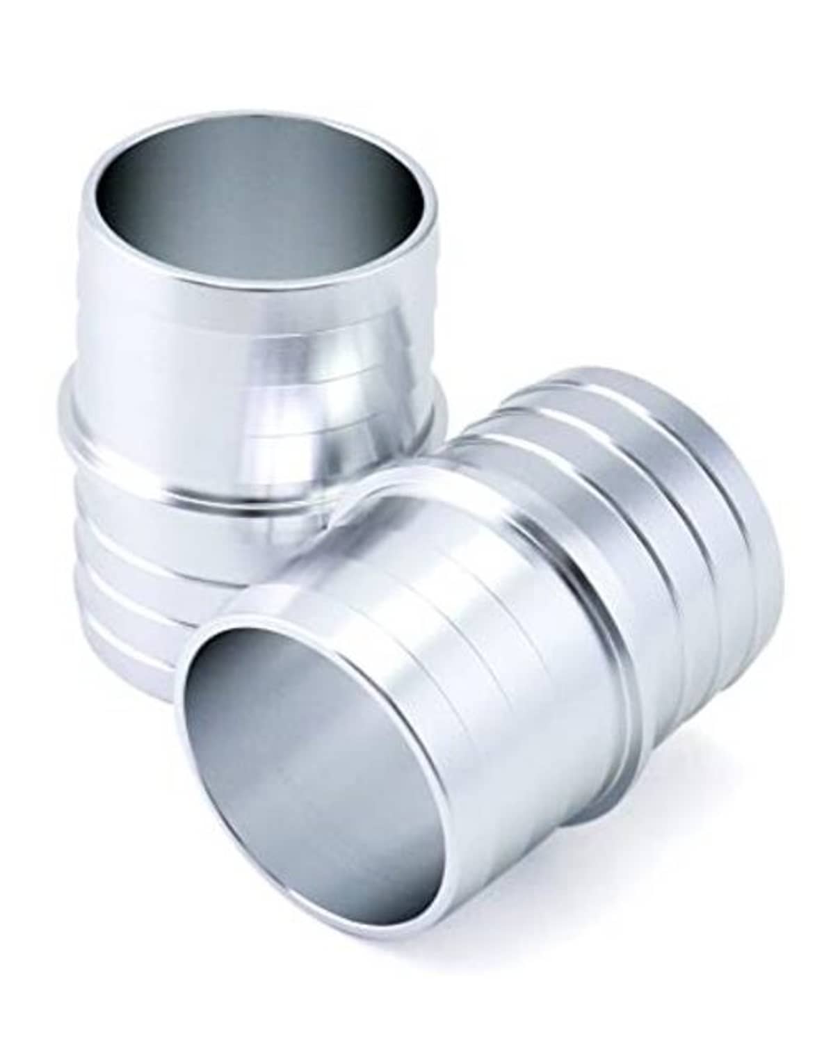Aluminum hose barbed fitting, angled elbow with ribbed sleeves and flared ends