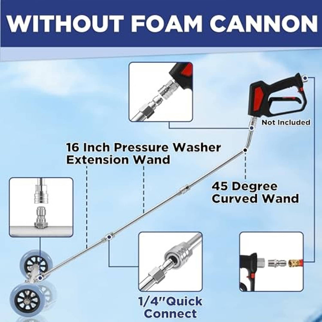 Pressure washer wand extension with 45-degree curved undercarriage nozzle