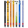 Set of 7 erasable gel pens with animal designs, including black and blue shades