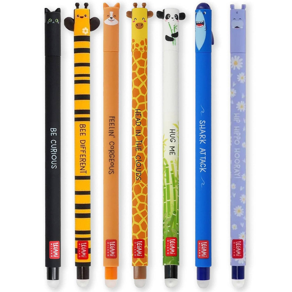 Set of 7 erasable gel pens with animal designs, including black and blue shades