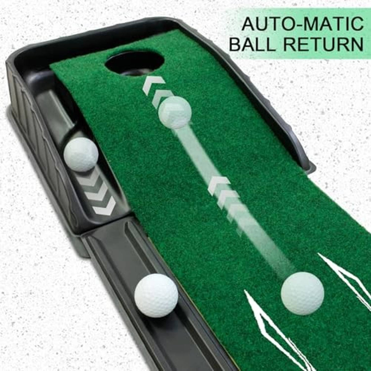 Green turf golf putting mat with auto ball return opening and built-in ball track