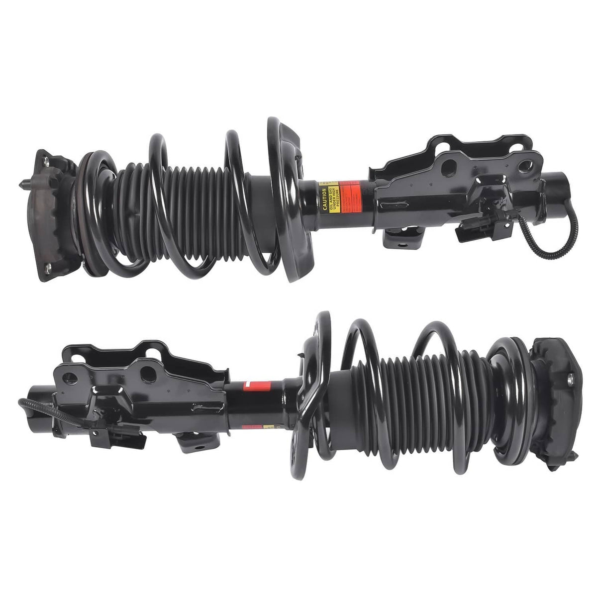 Front strut assemblies pair with black coil springs and metal suspension arms