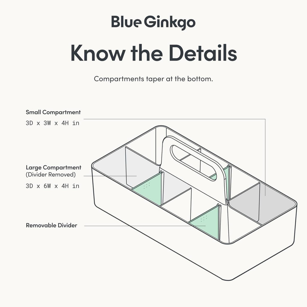 Blue Ginkgo long grey caddy detail cutaway with removable divider and compartment sections