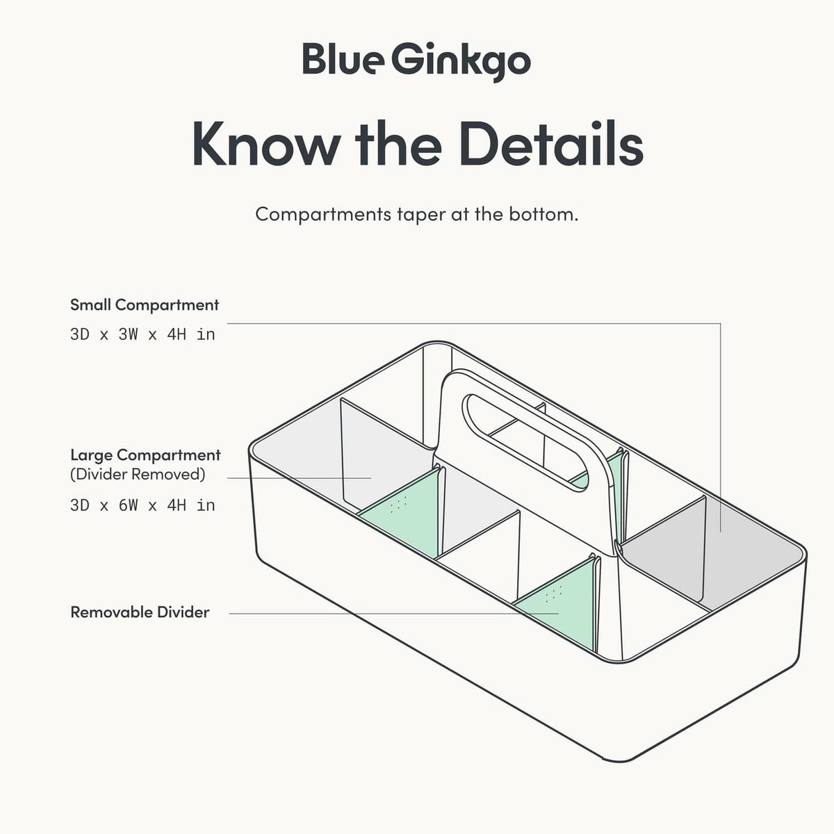 Blue Ginkgo long grey caddy detail cutaway with removable divider and compartment sections