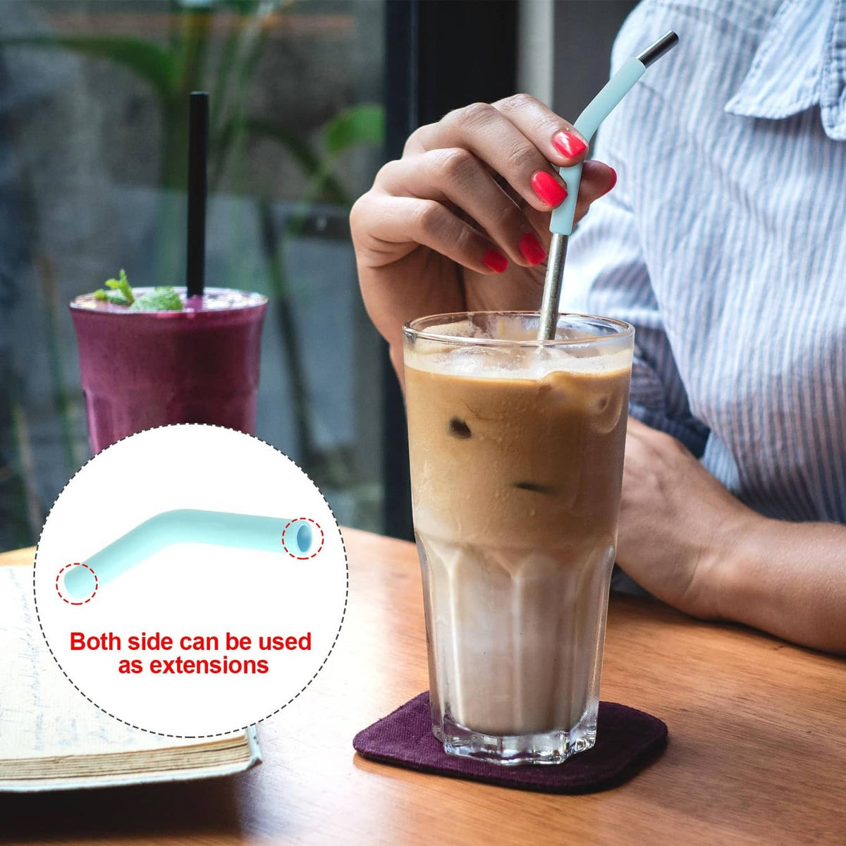 Light blue silicone straw elbow tip on a metal straw, hands holding drink
