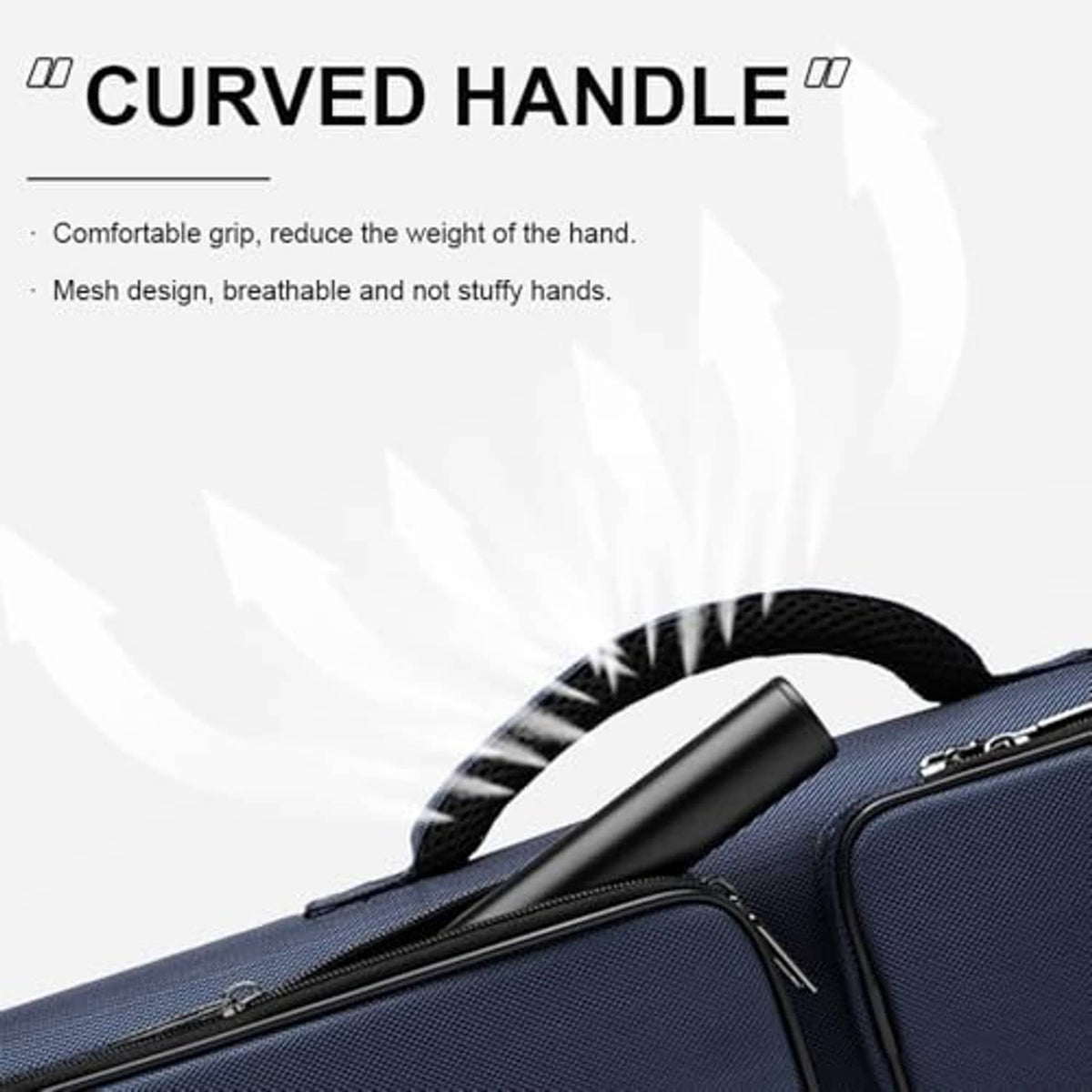 Blue nylon pool cue case with curved top handle and zip closure