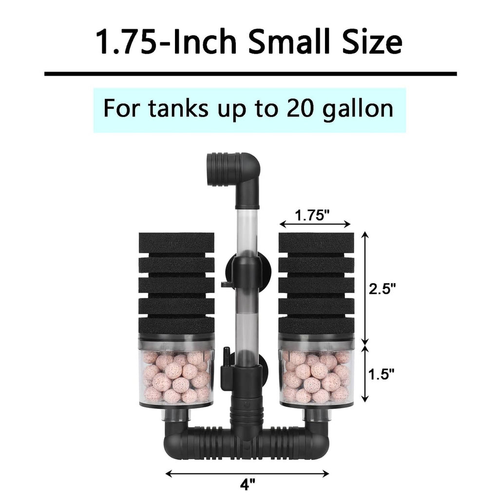 Aquarium air sponge filter with three media chambers and black mounting base