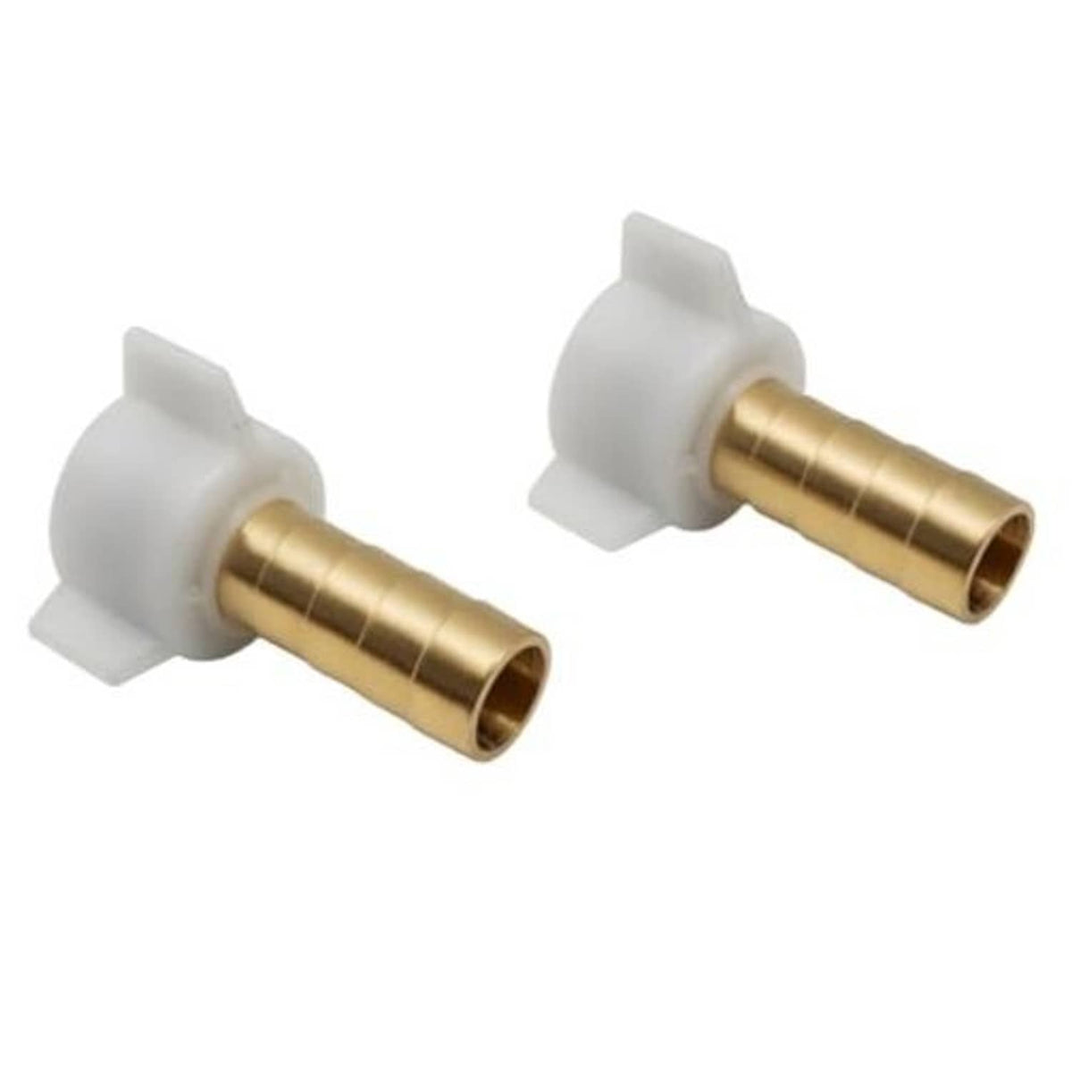 Brass 1/2 barb to 1/2 NPT swivel nut adaptor, white plastic, angled pair, 2-pack