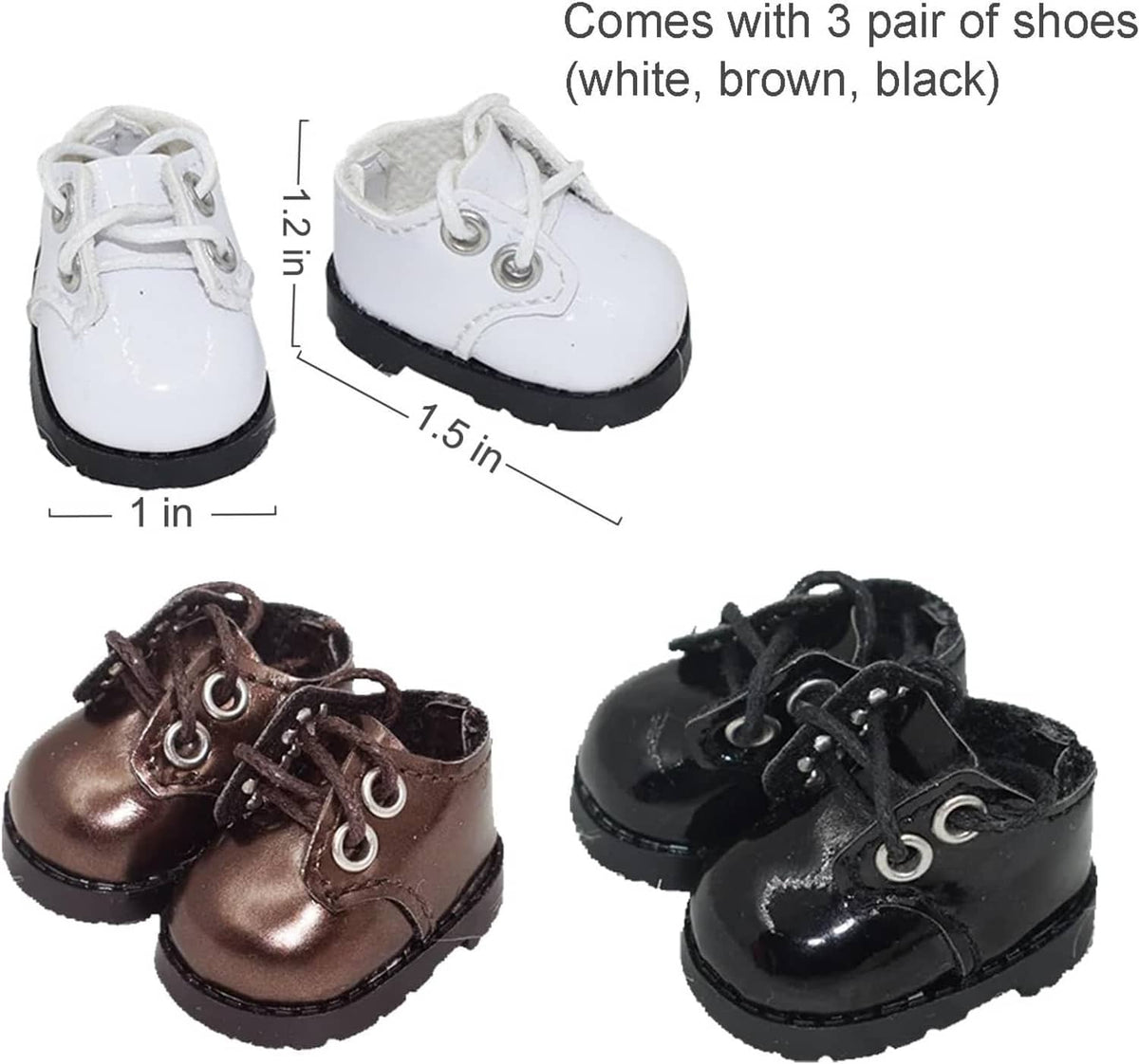 Three pairs mini doll shoes in white, brown, and black with lace-up tops