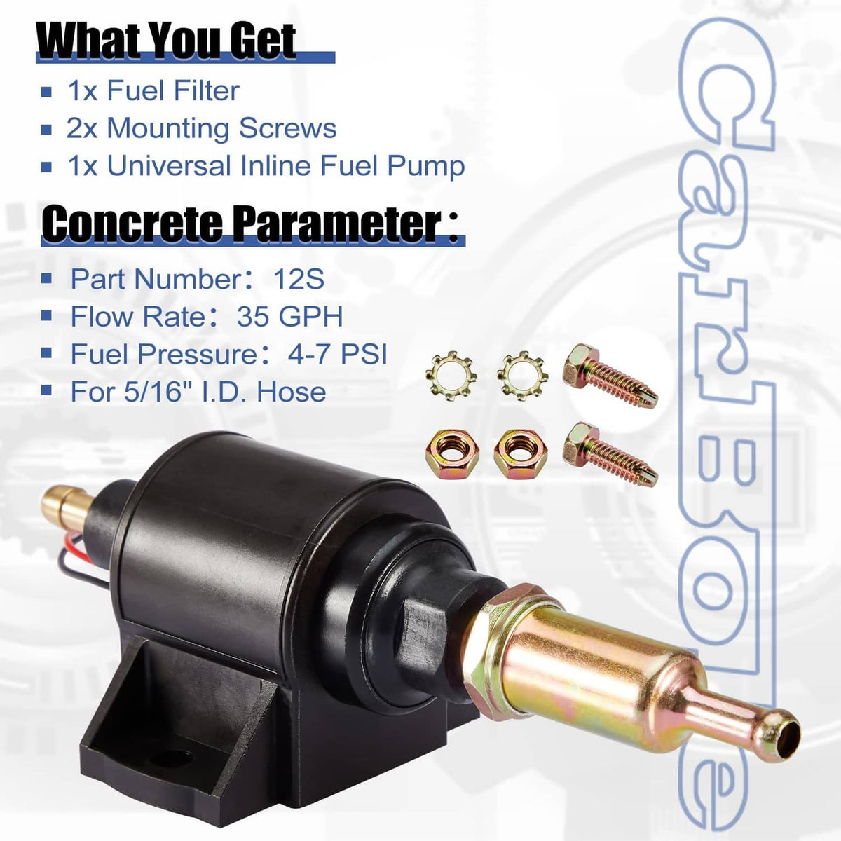 Inline electric fuel pump with included screws and metal mounting nuts
