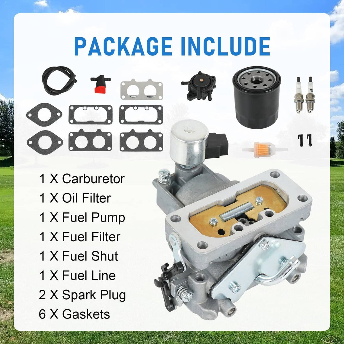Carburetor package: carb body, oil filter, fuel line parts, spark plugs, and gaskets