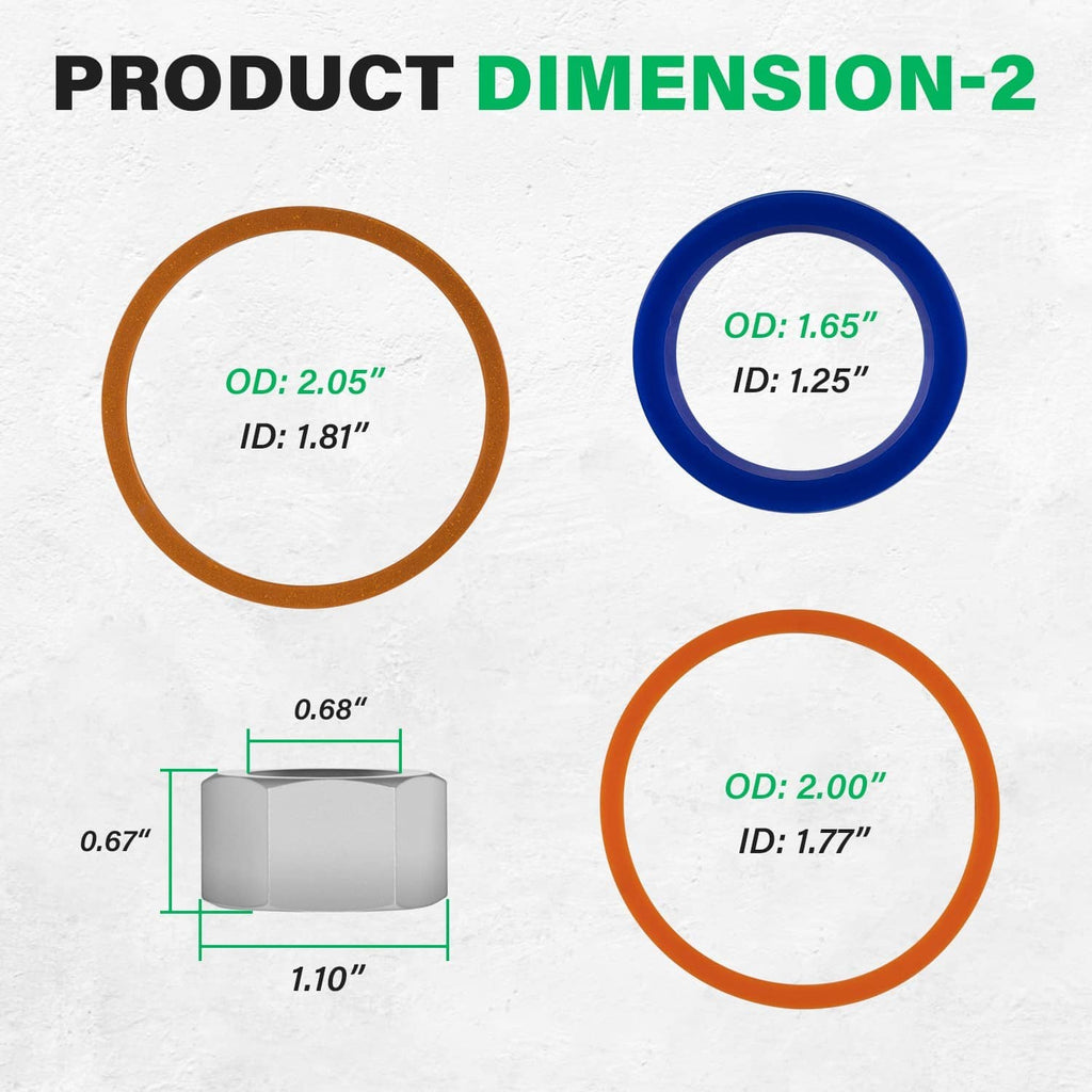 Hydraulic lift cylinder seal dimension diagram with blue and orange ring measurements