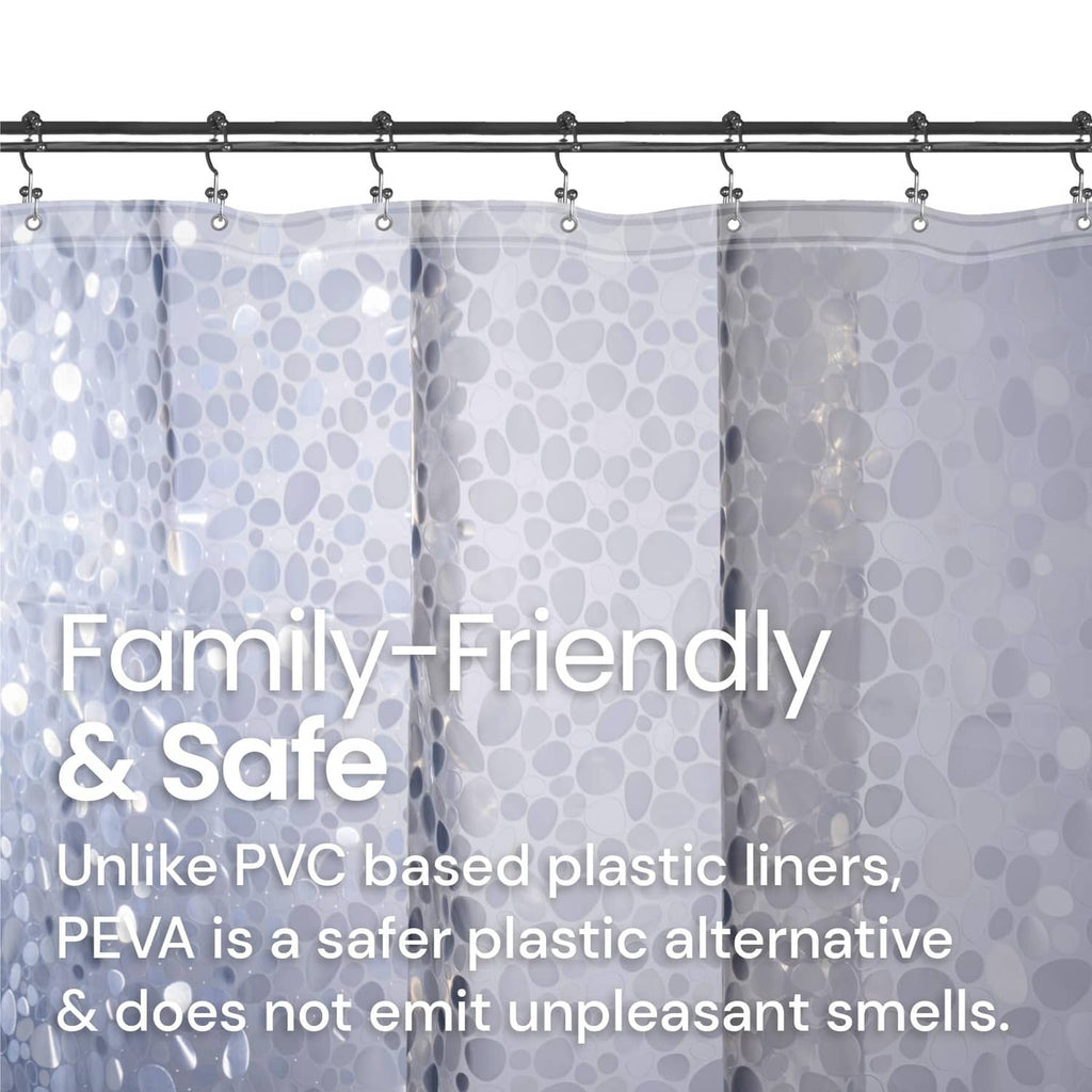 LiBa clear PEVA shower curtain with pebble pattern, hanging on rod grommets