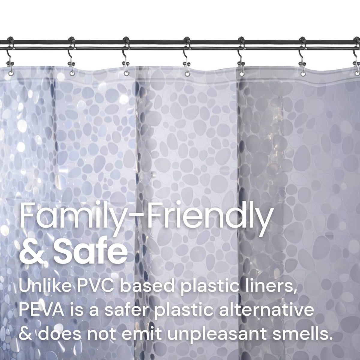 LiBa clear PEVA shower curtain with pebble pattern, hanging on rod grommets