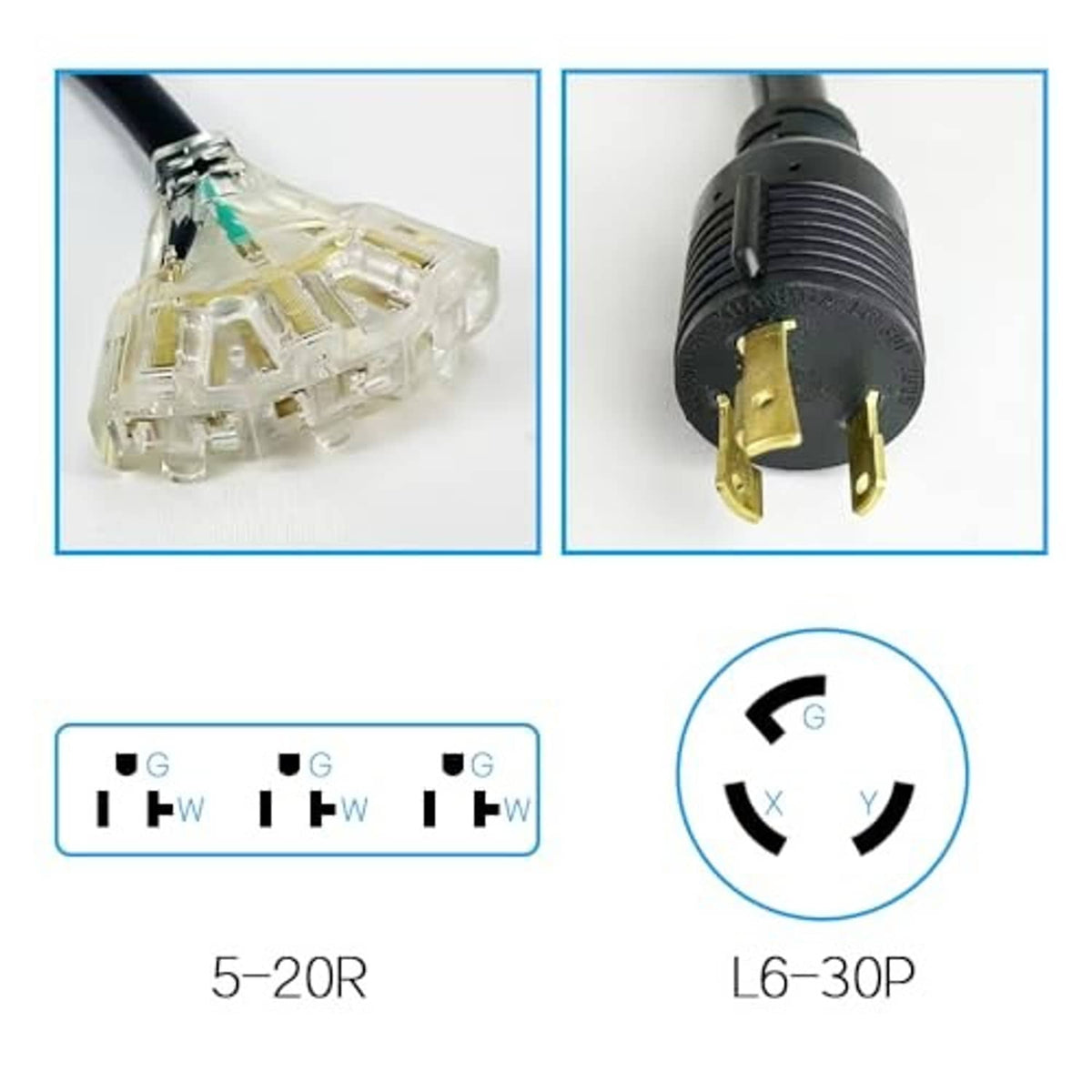 EV adapter cord detail: clear connector and two-prong gold plug on black jacket