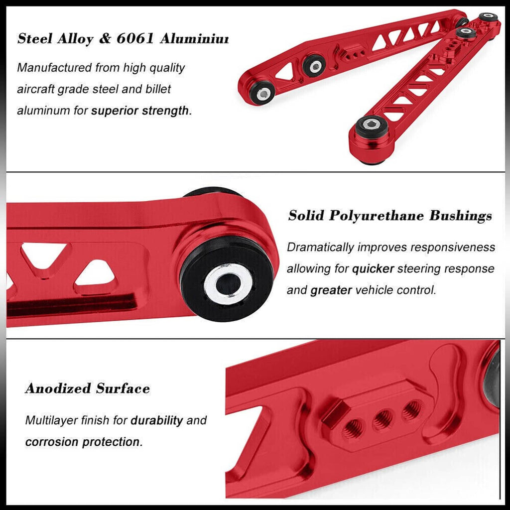Red rear control arm tie bar with spherical joints and triangular cutout plate
