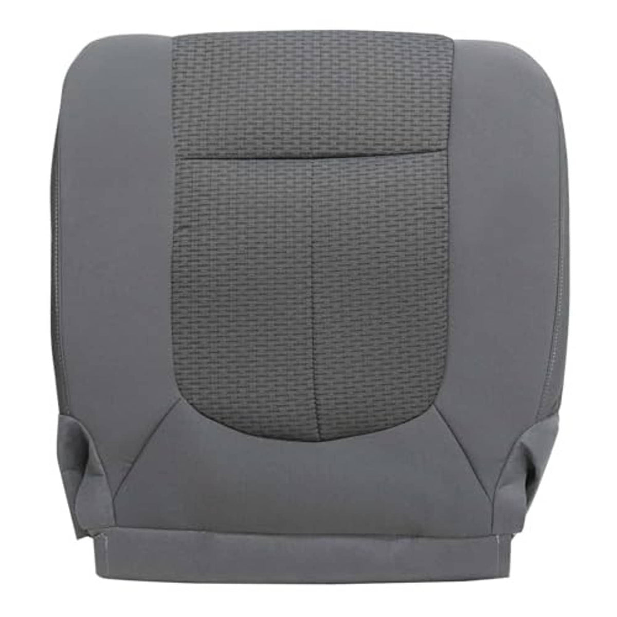 Gray cloth front driver seat cover with textured center insert and lower seam panel