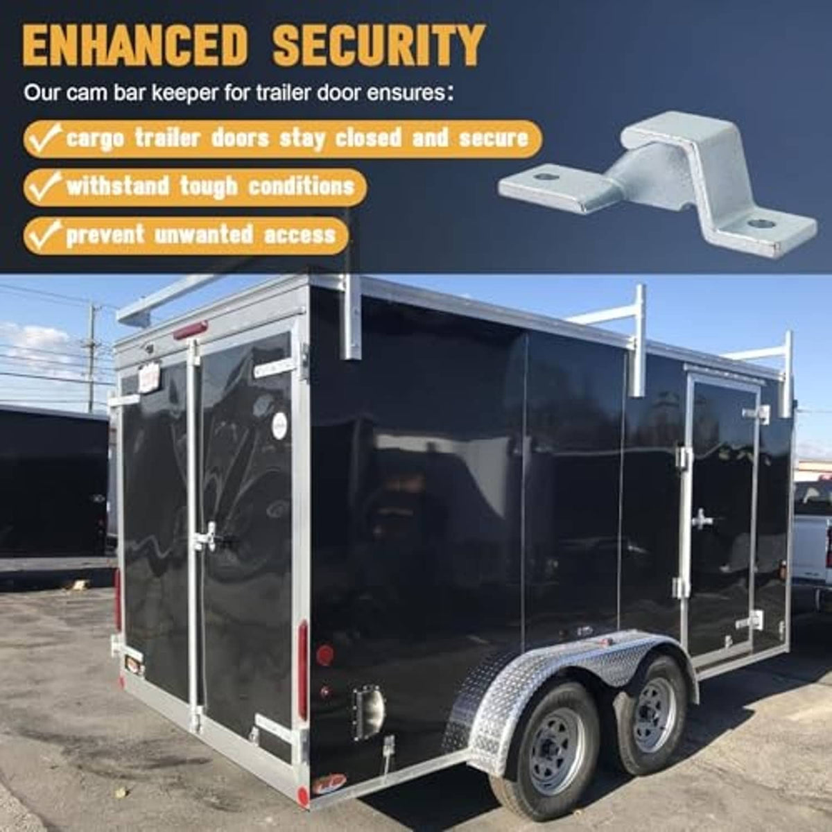 Metal cam latch keeper bracket shown next to a cargo trailer door
