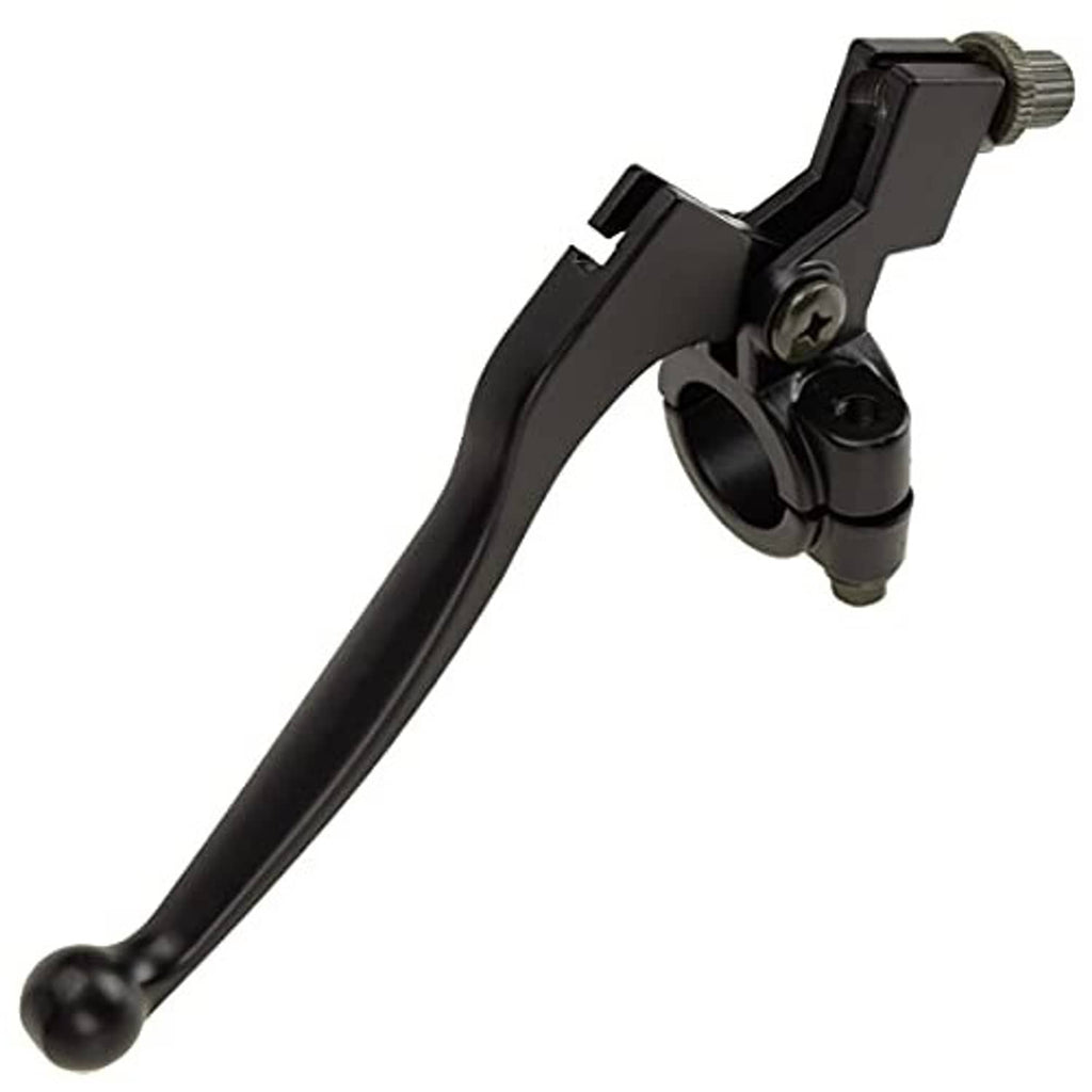Black left mini bike brake/clutch lever with mounting clamp and threaded cable end