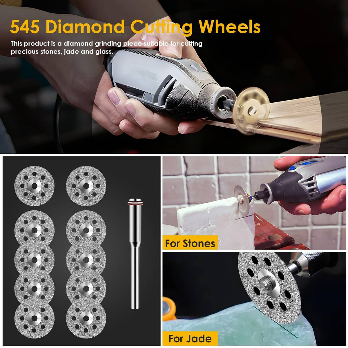 Diamond cutting wheel discs with center holes and silver mandrel for rotary tools