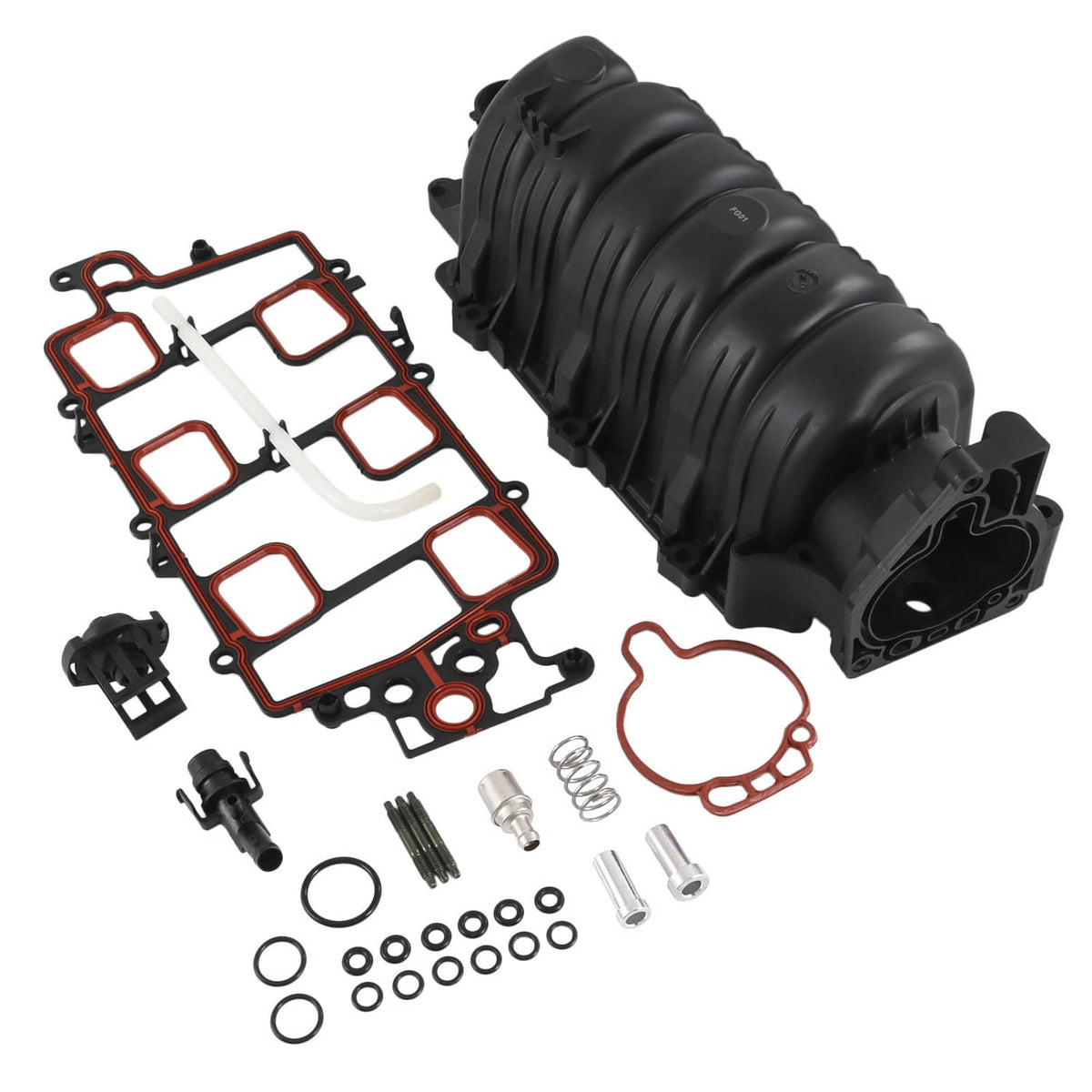 Upper intake manifold with gasket kit: black manifold, red gasket, springs, bolts, and O-rings