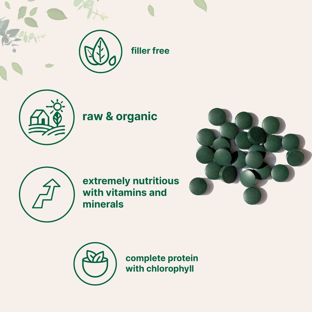 Organic spirulina tablet benefits icons with dark green tablets, filler free and raw organic