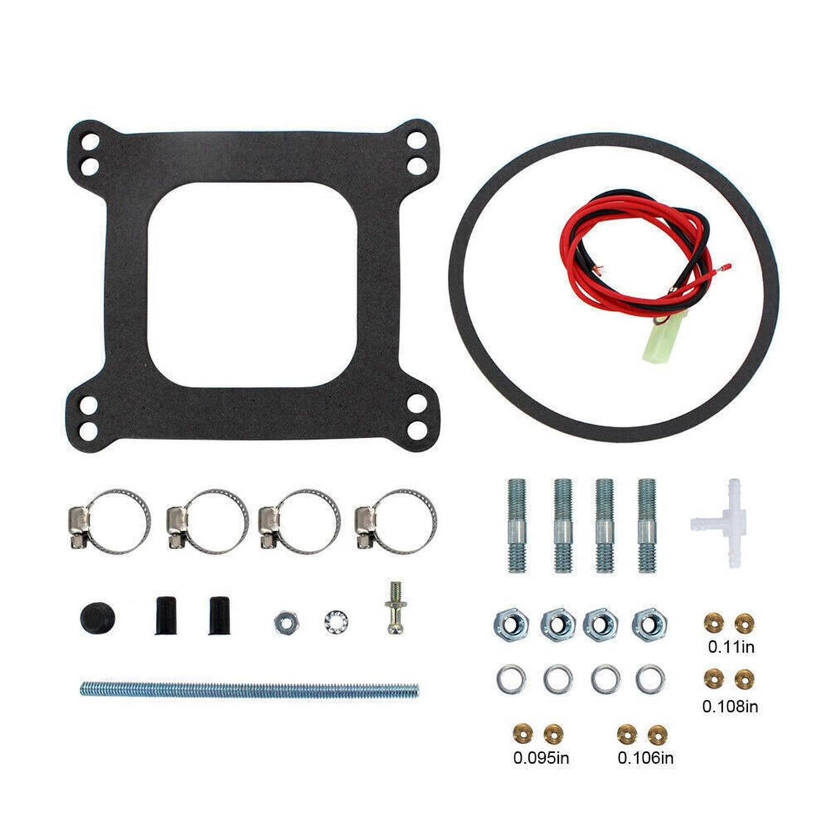 Carburetor accessory kit parts: gasket, wiring, screws, and precision hose fittings